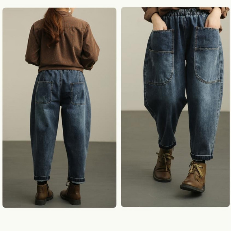 Oversize 90 kg Blugi Jogger Casual Femei Pantaloni Harem din Denim cu talie înaltă Buzunar Vaqueros Lungime la gleznă Pantalon de primăvară