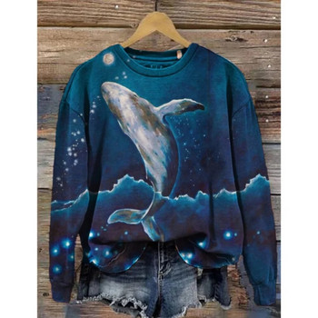 Дамски суитшърт с качулка с ретро кръгла яка и шарка на кит с 3D принт Суитшърти Есен Зима Тениска с дълъг ръкав Дамски широки пуловери