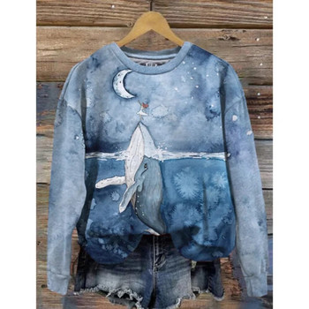 Γυναικεία φούτερ με κουκούλα ρετρό με στρογγυλό γιακά με μοτίβο φάλαινας Φούτερ 3D στάμπα Φθινοπωρινό χειμωνιάτικο μακρυμάνικο μπλουζάκι Γυναικείο φαρδύ μπλουζάκι πουλόβερ