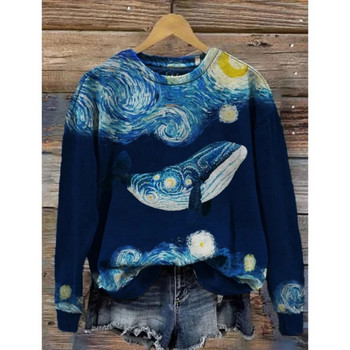 Дамски суитшърт с качулка с ретро кръгла яка и шарка на кит с 3D принт Суитшърти Есен Зима Тениска с дълъг ръкав Дамски широки пуловери