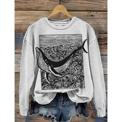 Dámska mikina s kapucňou, retro okrúhly golier, vzor veľryby, 3D potlač, jesenné a zimné tričko s dlhým rukávom, dámske voľné pulóvre