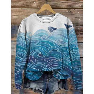 Dámska mikina s kapucňou, retro okrúhly golier, vzor veľryby, 3D potlač, jesenné a zimné tričko s dlhým rukávom, dámske voľné pulóvre