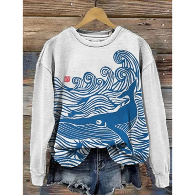 Dámska mikina s kapucňou, retro okrúhly golier, vzor veľryby, 3D potlač, jesenné a zimné tričko s dlhým rukávom, dámske voľné pulóvre