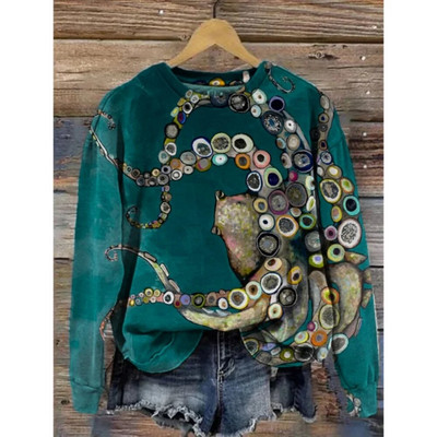 Dámska mikina s kapucňou, retro okrúhly golier, vzor veľryby, 3D potlač, jesenné a zimné tričko s dlhým rukávom, dámske voľné pulóvre