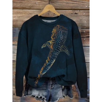 Dámska mikina s kapucňou, retro okrúhly golier, vzor veľryby, 3D potlač, jesenné a zimné tričko s dlhým rukávom, dámske voľné pulóvre