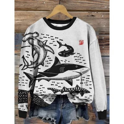 Dámska mikina s kapucňou, retro okrúhly golier, vzor veľryby, 3D potlač, jesenné a zimné tričko s dlhým rukávom, dámske voľné pulóvre