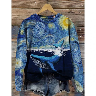 Dámska mikina s kapucňou, retro okrúhly golier, vzor veľryby, 3D potlač, jesenné a zimné tričko s dlhým rukávom, dámske voľné pulóvre