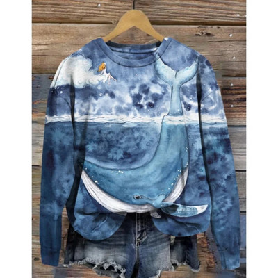 Dámska mikina s kapucňou, retro okrúhly golier, vzor veľryby, 3D potlač, jesenné a zimné tričko s dlhým rukávom, dámske voľné pulóvre