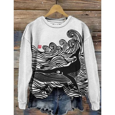 Dámska mikina s kapucňou, retro okrúhly golier, vzor veľryby, 3D potlač, jesenné a zimné tričko s dlhým rukávom, dámske voľné pulóvre