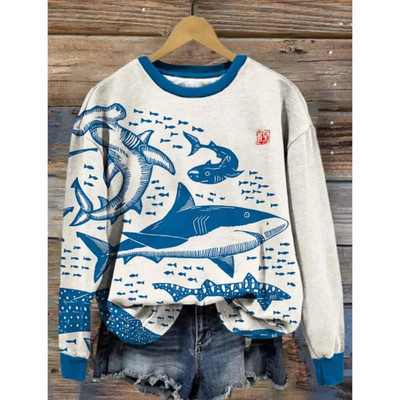 Dámska mikina s kapucňou, retro okrúhly golier, vzor veľryby, 3D potlač, jesenné a zimné tričko s dlhým rukávom, dámske voľné pulóvre