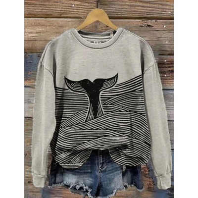 Dámska mikina s kapucňou, retro okrúhly golier, vzor veľryby, 3D potlač, jesenné a zimné tričko s dlhým rukávom, dámske voľné pulóvre