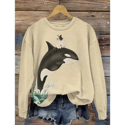 Dámska mikina s kapucňou, retro okrúhly golier, vzor veľryby, 3D potlač, jesenné a zimné tričko s dlhým rukávom, dámske voľné pulóvre