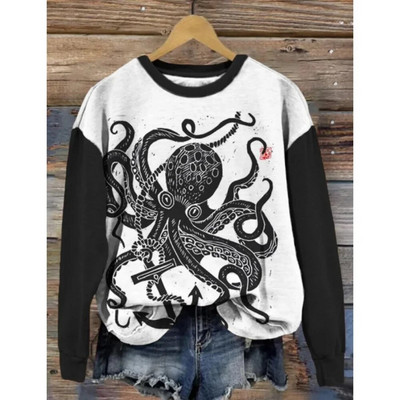 Dámska mikina s kapucňou, retro okrúhly golier, vzor veľryby, 3D potlač, jesenné a zimné tričko s dlhým rukávom, dámske voľné pulóvre