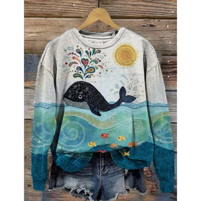 Dámska mikina s kapucňou, retro okrúhly golier, vzor veľryby, 3D potlač, jesenné a zimné tričko s dlhým rukávom, dámske voľné pulóvre
