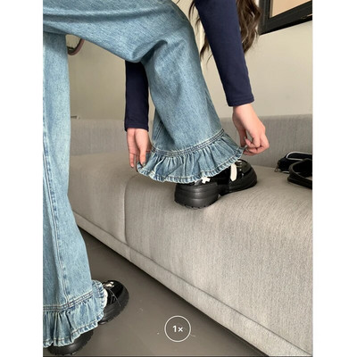 Gotické džínsové nohavice s vysokým pásom, dámske elegantné volániky, džínsy s volánikovým lemom, široké nohavice, džínsy, dámske kawaii Y2K rovné nohavice