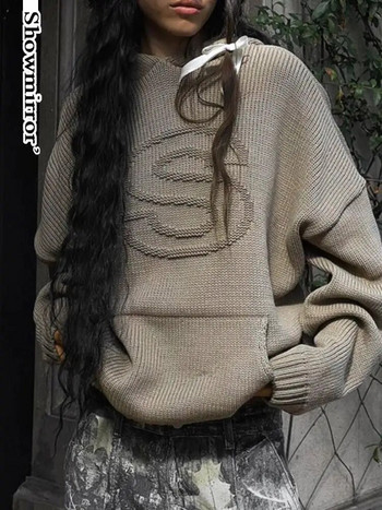 Streetwear Μακριές κουκούλες Hipster Ρούχα Γυναικεία πλεκτά Φαρδιά γράμματα με κουκούλα μονόχρωμο πουλόβερ πουλόβερ Χειμερινό κομψό σπορ τοπ