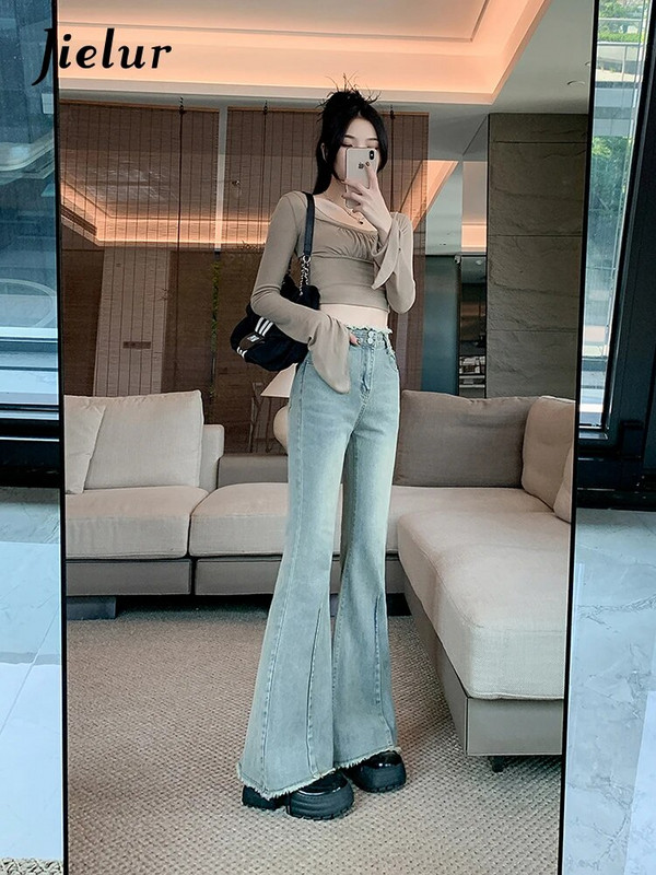 Jielur Vintage High Waist Slim Basic Απλό Γυναικείο Τζιν Μόδα Street Casual Chicly Γυναικείο Τζιν Μπλε Φθινοπωρινό Νέο Παντελόνι Γυναικείο