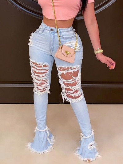 Dámske ležérne džínsové nohavice s roztrhanými dierami a volánikmi