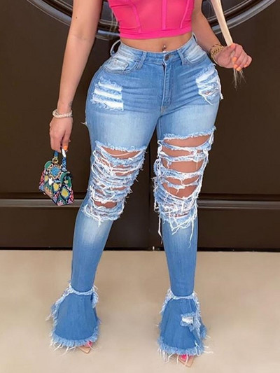 Dámske ležérne džínsové nohavice s roztrhanými dierami a volánikmi