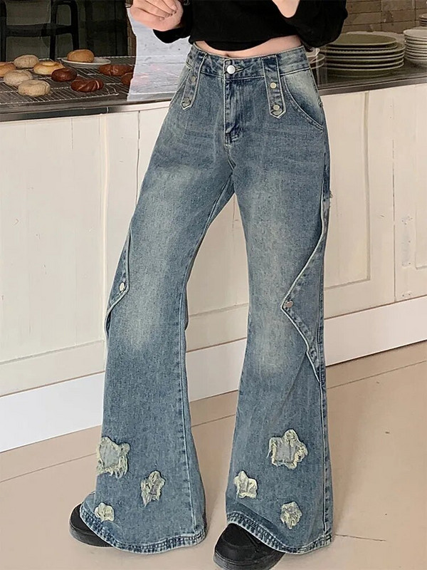 2023 Pantaloni de denim albaștri de modă femei broderie stea design nou, talie înaltă, pantaloni subțiri cu clopoțel, blugi Gyaru, îmbrăcăminte de stradă, vintage Kpop
