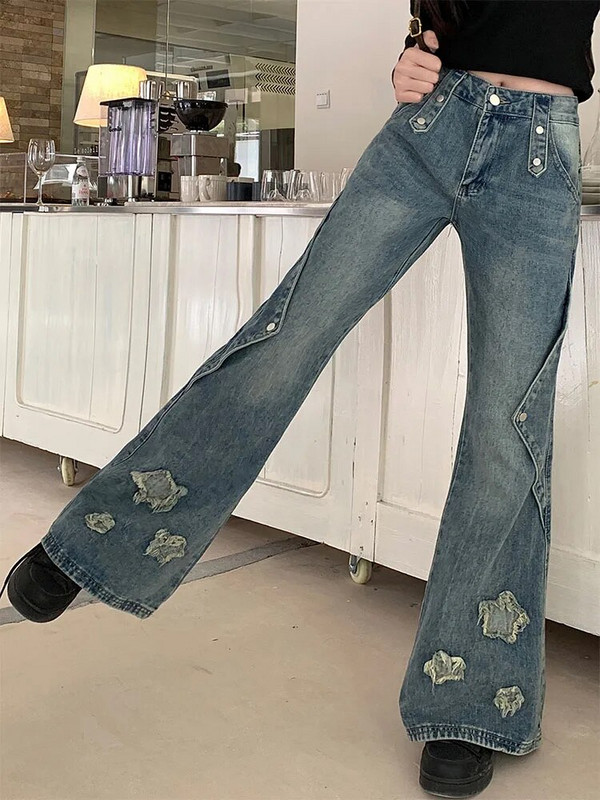 2023 Pantaloni de denim albaștri de modă femei broderie stea design nou, talie înaltă, pantaloni subțiri cu clopoțel, blugi Gyaru, îmbrăcăminte de stradă, vintage Kpop