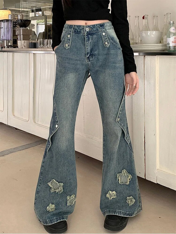 2023 Pantaloni de denim albaștri de modă femei broderie stea design nou, talie înaltă, pantaloni subțiri cu clopoțel, blugi Gyaru, îmbrăcăminte de stradă, vintage Kpop