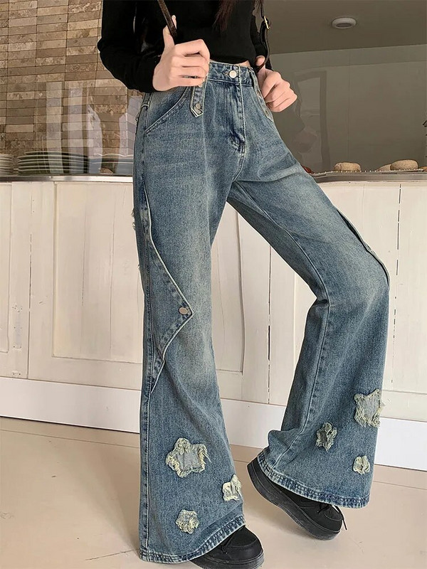 2023 Pantaloni de denim albaștri de modă femei broderie stea design nou, talie înaltă, pantaloni subțiri cu clopoțel, blugi Gyaru, îmbrăcăminte de stradă, vintage Kpop