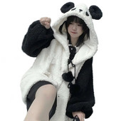 Hanorac Kawaii de iarnă pentru femei, urechi de panda, hanorac cu glugă, mingi de pluș, cu fermoar, sudadera drăguță, pentru adolescenți, fete, haine JK