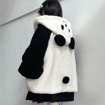 Hanorac Kawaii de iarnă pentru femei, urechi de panda, hanorac cu glugă, mingi de pluș, cu fermoar, sudadera drăguță, pentru adolescenți, fete, haine JK