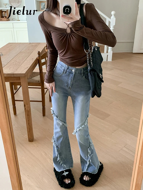 Jielur Vintažinis aukštu juosmeniu rudeninis Naujas Ins Moteriški Džinsai Mada Gatvės Mėlyni Moteriški Džinsai Paprasti Paprasti Prašmatnios moteriškos kelnės
