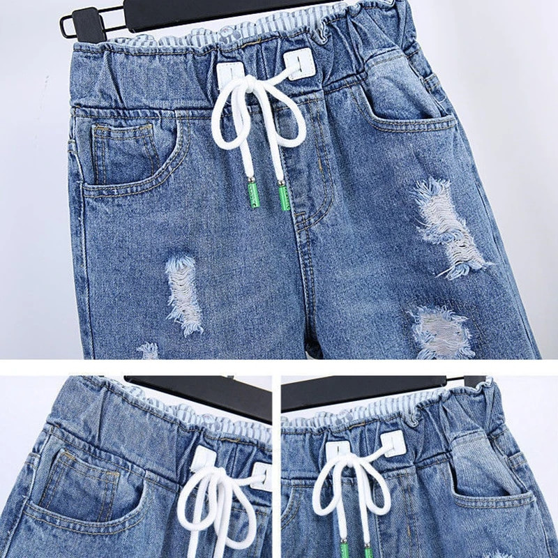 Dámske džínsy s elastickým pásom, veľkosť 26-40, roztrhané, kórejské, po členky, 90 cm, veľkosť Vaqueros, veľkosť 36-48, módny dizajn