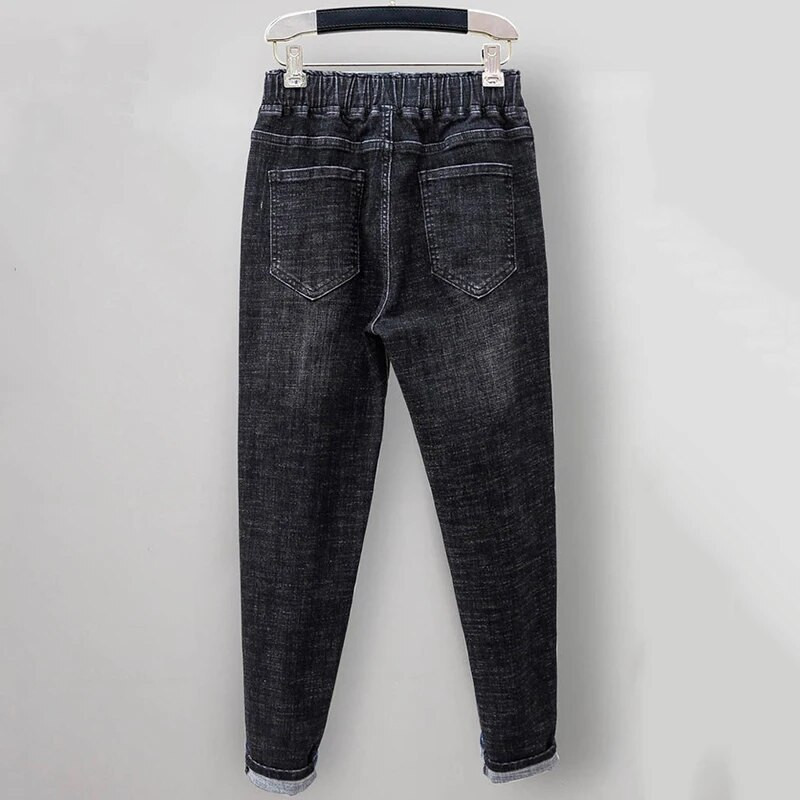 Nadrozmerné 6XL elegantné džínsy s dvojitými gombíkmi, vrecovité kórejské módne nohavice s vysokým pásom, elastické džínsy, nové ležérne voľné dámske nohavice