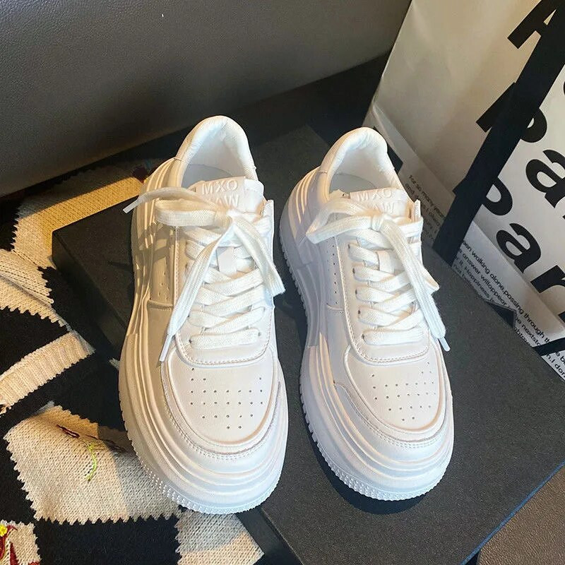 Dámske tenisky 2022 Módne priedušné vulkanizované topánky z umelej kože na platforme, biele šnurovacie topánky na voľný čas, Zapatos Mujer