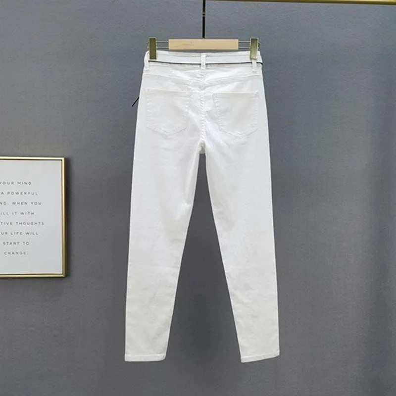 Proljeće Jesen Koreja Moda Ženske bijele traperice Vintage Elastične pripijene traperice Ležerne pentil hlače visokog struka sa kamenčićima