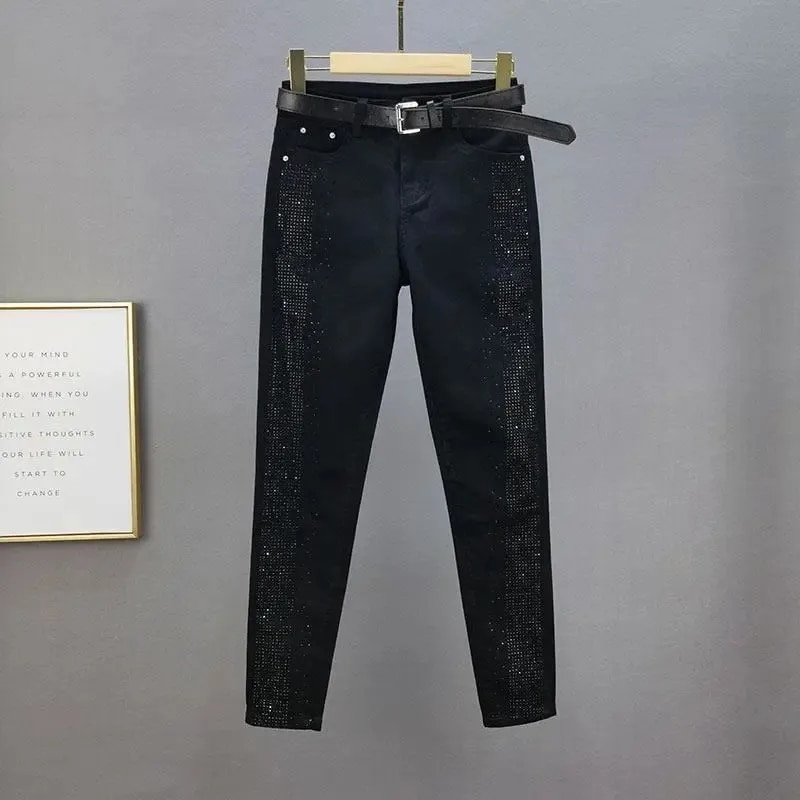 Proljeće Jesen Koreja Moda Ženske bijele traperice Vintage Elastične pripijene traperice Ležerne pentil hlače visokog struka sa kamenčićima