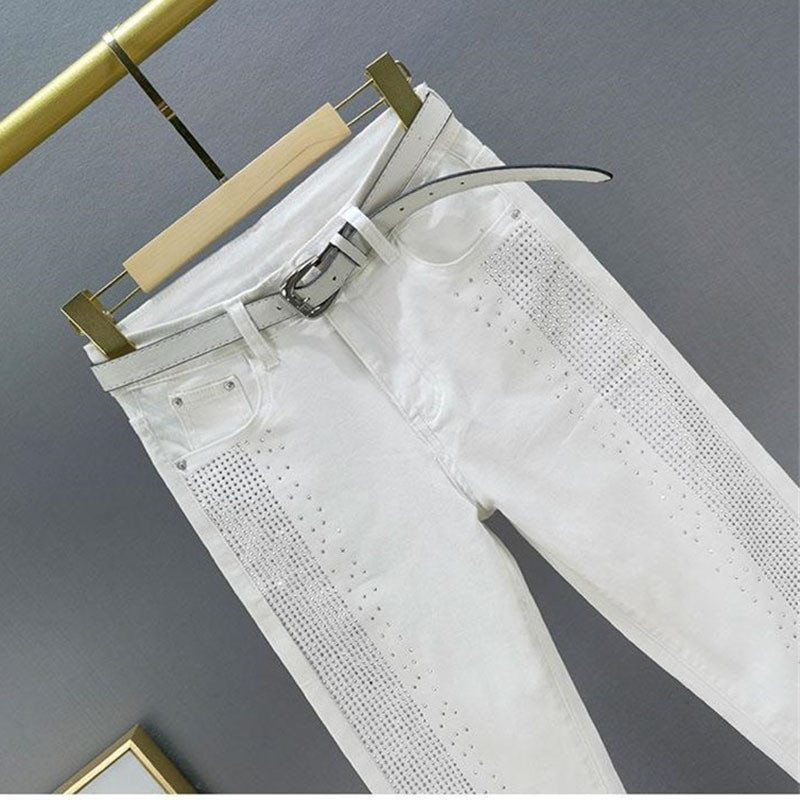 Proljeće Jesen Koreja Moda Ženske bijele traperice Vintage Elastične pripijene traperice Ležerne pentil hlače visokog struka sa kamenčićima