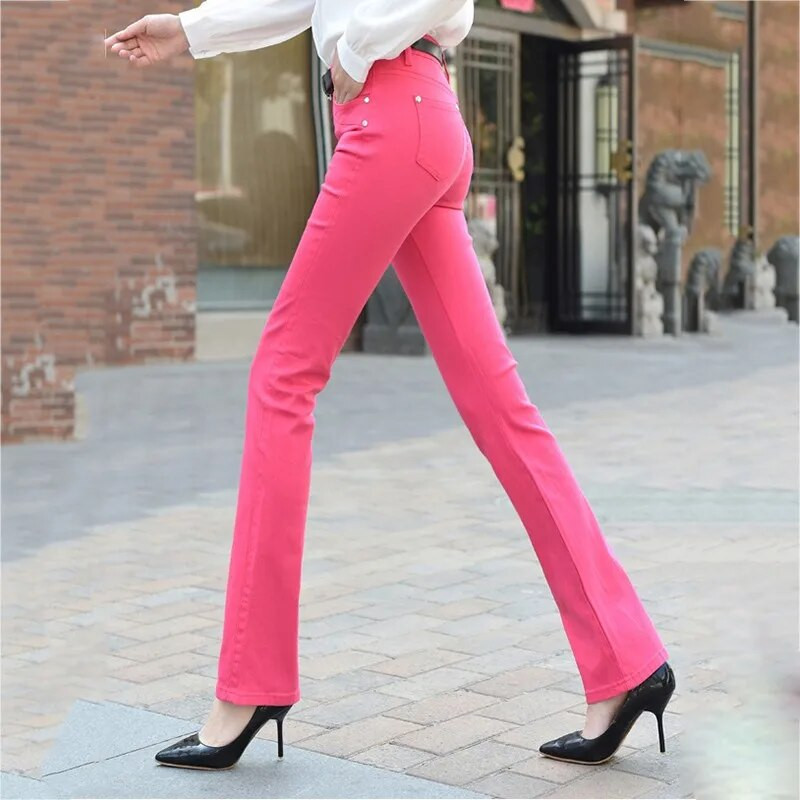 Jesenné elastické dámske džínsy, cukríkové farebné, stredne pásové, mamičky na zips, slim dámske rozšírené džínsy 2020, nové módne nohavice s plnou dĺžkou