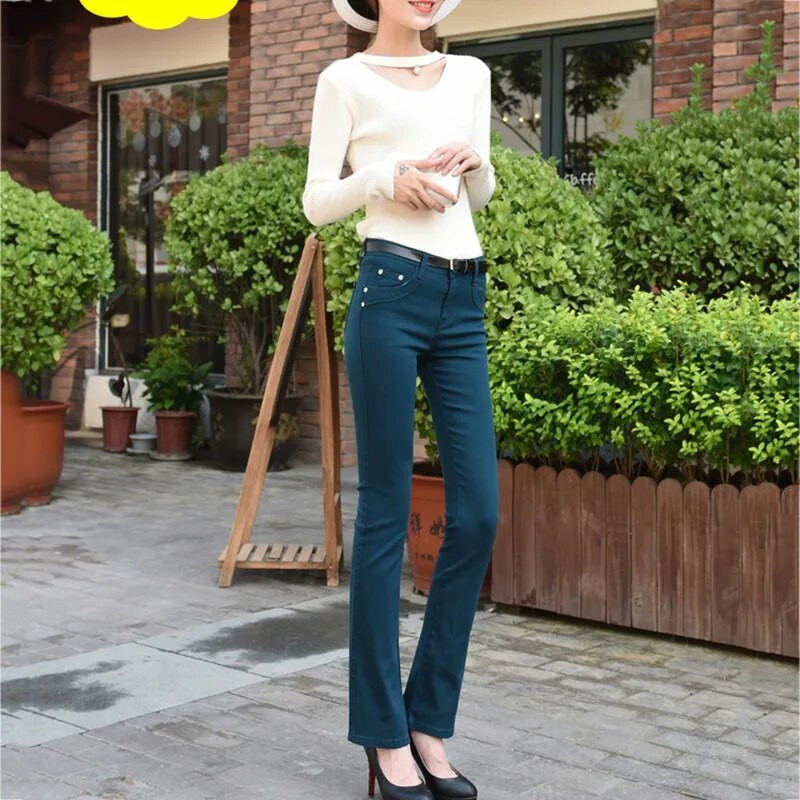 Jesenné elastické dámske džínsy, cukríkové farebné, stredne pásové, mamičky na zips, slim dámske rozšírené džínsy 2020, nové módne nohavice s plnou dĺžkou