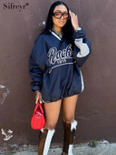 Sifreyr Street Casual Pulover cu imprimeu cu litere Top culoare contrastantă țesut largi, lungime mijlocie, cu șnur, cu decolteu în V, cu mânecă lungă