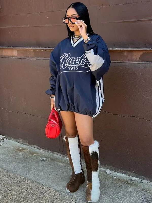 Sifreyr Street Casual Pulover cu imprimeu cu litere Top culoare contrastantă țesut largi, lungime mijlocie, cu șnur, cu decolteu în V, cu mânecă lungă