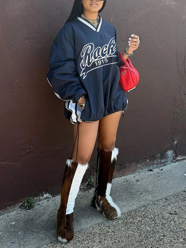 Sifreyr Street Casual Pulover cu imprimeu cu litere Top culoare contrastantă țesut largi, lungime mijlocie, cu șnur, cu decolteu în V, cu mânecă lungă