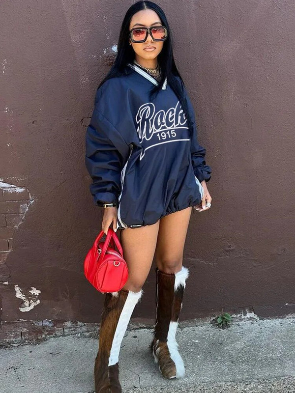 Sifreyr Street Casual Pulover cu imprimeu cu litere Top culoare contrastantă țesut largi, lungime mijlocie, cu șnur, cu decolteu în V, cu mânecă lungă