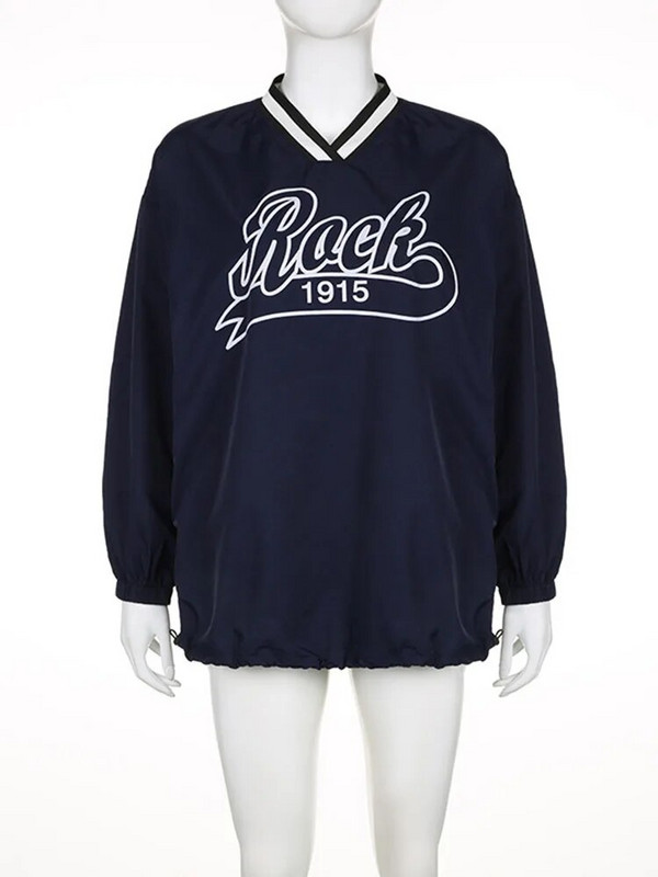 Sifreyr Street Casual Pulover cu imprimeu cu litere Top culoare contrastantă țesut largi, lungime mijlocie, cu șnur, cu decolteu în V, cu mânecă lungă