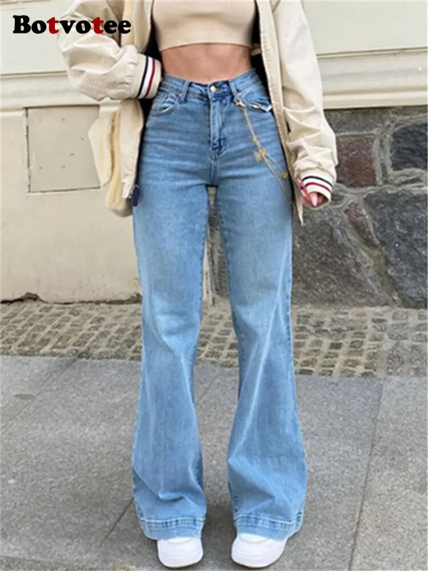 Botvotee Vysoký pás Dámske džínsy 2023 Nové Vysoký pás Streetwear Módne Široké nohavice Rozšírené džínsy Ležérne Jednofarebné Y2k Rovné džínsy