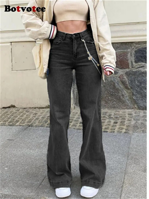 Botvotee Vysoký pás Dámske džínsy 2023 Nové Vysoký pás Streetwear Módne Široké nohavice Rozšírené džínsy Ležérne Jednofarebné Y2k Rovné džínsy