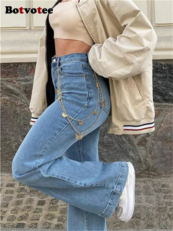 Botvotee Vysoký pás Dámske džínsy 2023 Nové Vysoký pás Streetwear Módne Široké nohavice Rozšírené džínsy Ležérne Jednofarebné Y2k Rovné džínsy