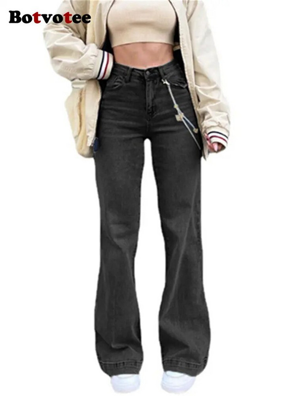 Botvotee Vysoký pás Dámske džínsy 2023 Nové Vysoký pás Streetwear Módne Široké nohavice Rozšírené džínsy Ležérne Jednofarebné Y2k Rovné džínsy