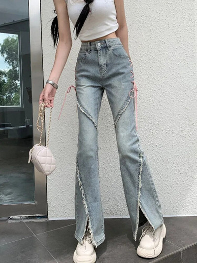 Dámske rifle s vysokým pásom, vintage strih, strih Raw Edge, rozparok, horn, jeseň/zima, streetwear, 2023, nové, strečové, úzke, s vysokým pásom, zvonové nohavice