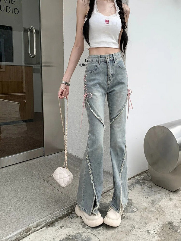 Dámske rifle s vysokým pásom, vintage strih, strih Raw Edge, rozparok, horn, jeseň/zima, streetwear, 2023, nové, strečové, úzke, s vysokým pásom, zvonové nohavice