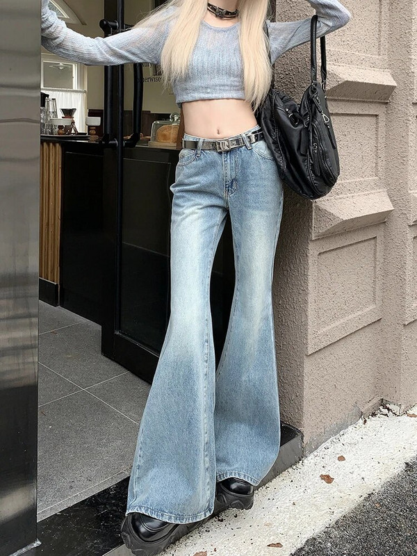 Dámske džínsy so stredným pásom, strečové, slim fit, flare, dámske, Y2K modré, umyté, módne, pohodlné, džínsové nohavice, dievčenské, streetwear, úzke nohavice